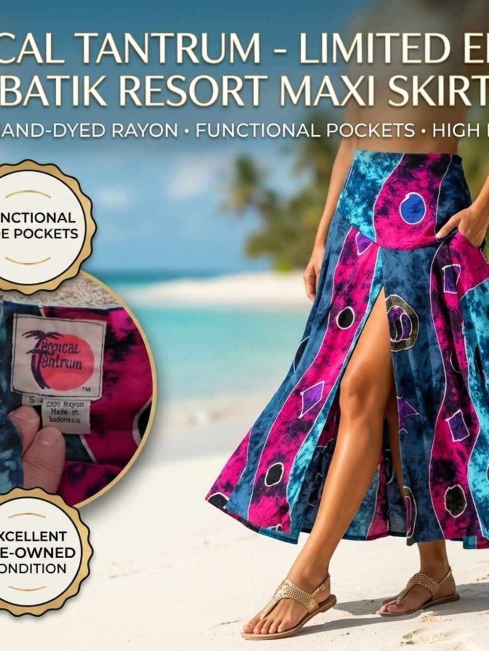 Tropical Tantrum Batik Rayon Maxi Skirt Front Slit Pockets Resort S